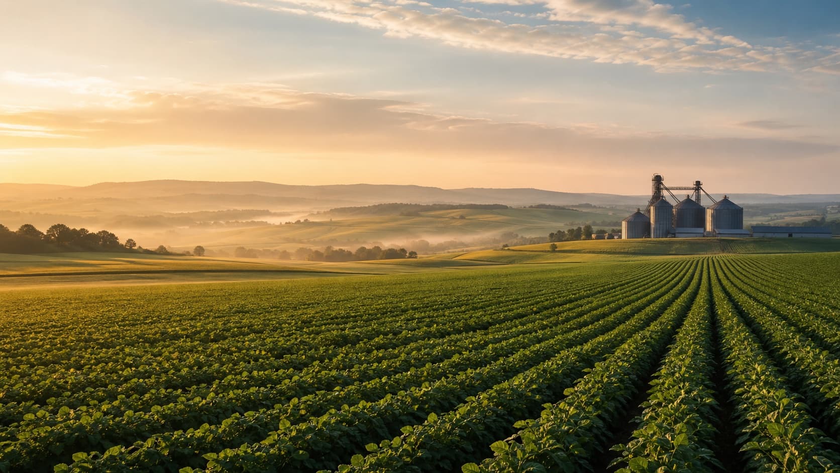 Paisagem agrícola ao amanhecer